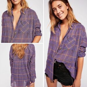 Free People Katy Bird Violet Button Down Long Sleeve Top Metallic Stripe M?